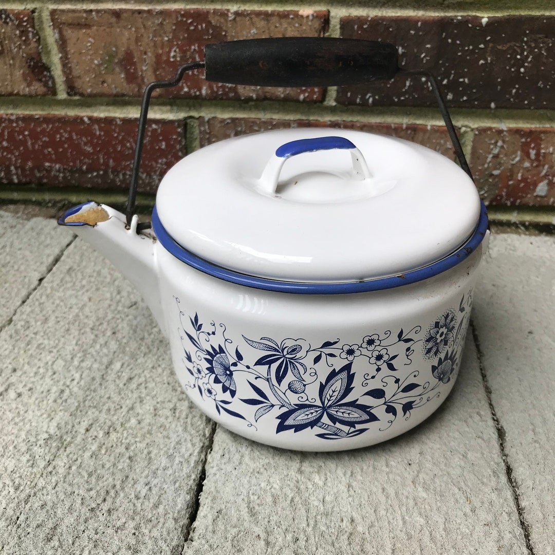 Vintage Enamel Teapot With Wood Handle Etsy