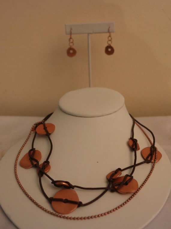 Copper Jewelry Set - Copper Disk and Leather Disk… - image 1