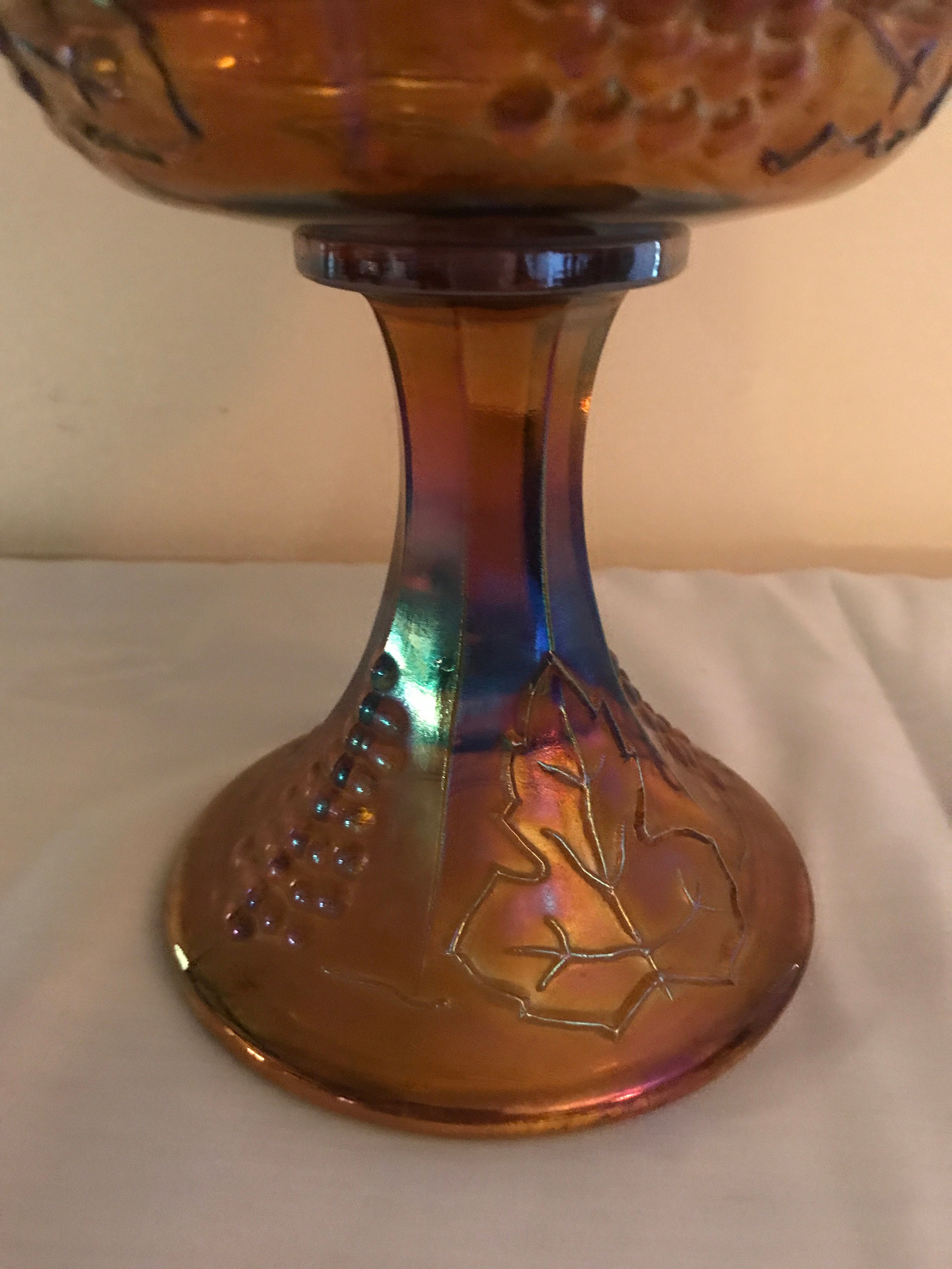 Amber Carnival Glass Pedestal Bowl with Embossed Grapes and Etsy