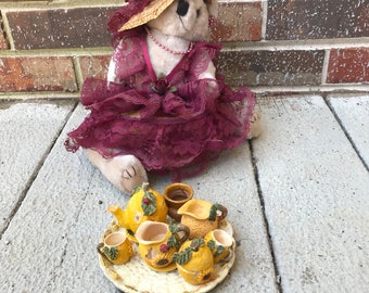 Rabbit Wicker Basket Container with Vintage Miniature Ceramic Tea Set Inside