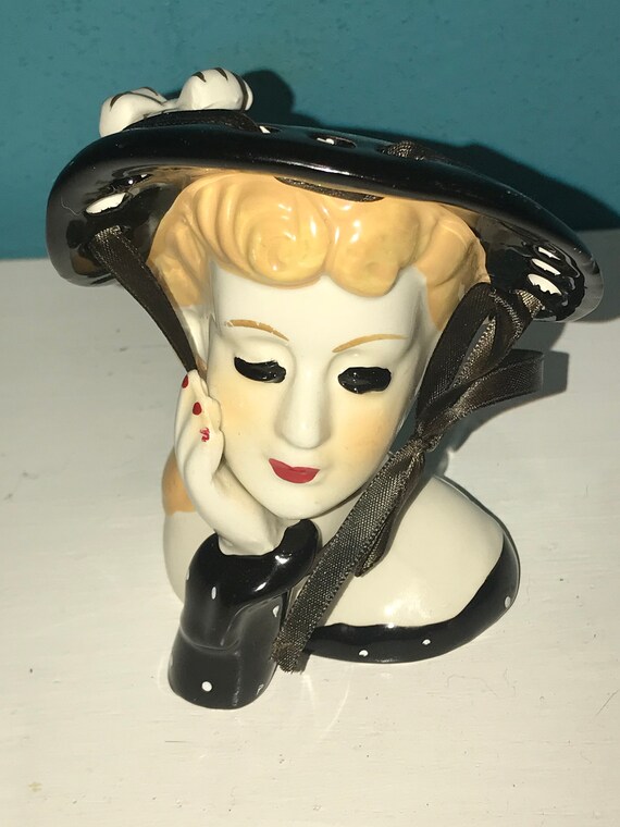 Head Vase Lady Napco S560b Vintage Japan Black Hat With Etsy