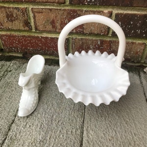 Fenton Hobnail Milk Glass Pieces Shoe and Basket