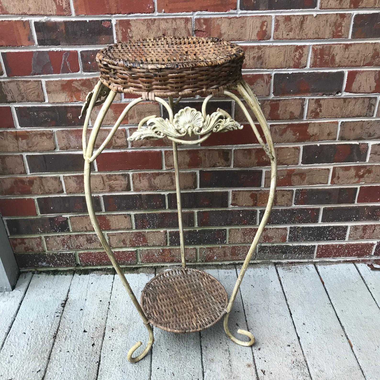 Vintage Plant Stand Wrought Iron and Rattan Wicker Large Etsy UK