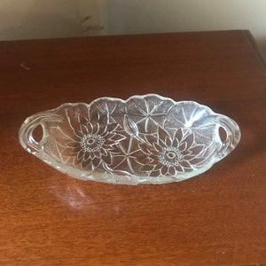 Vintage Clear Frosted Etched Serving Bowl with Handles