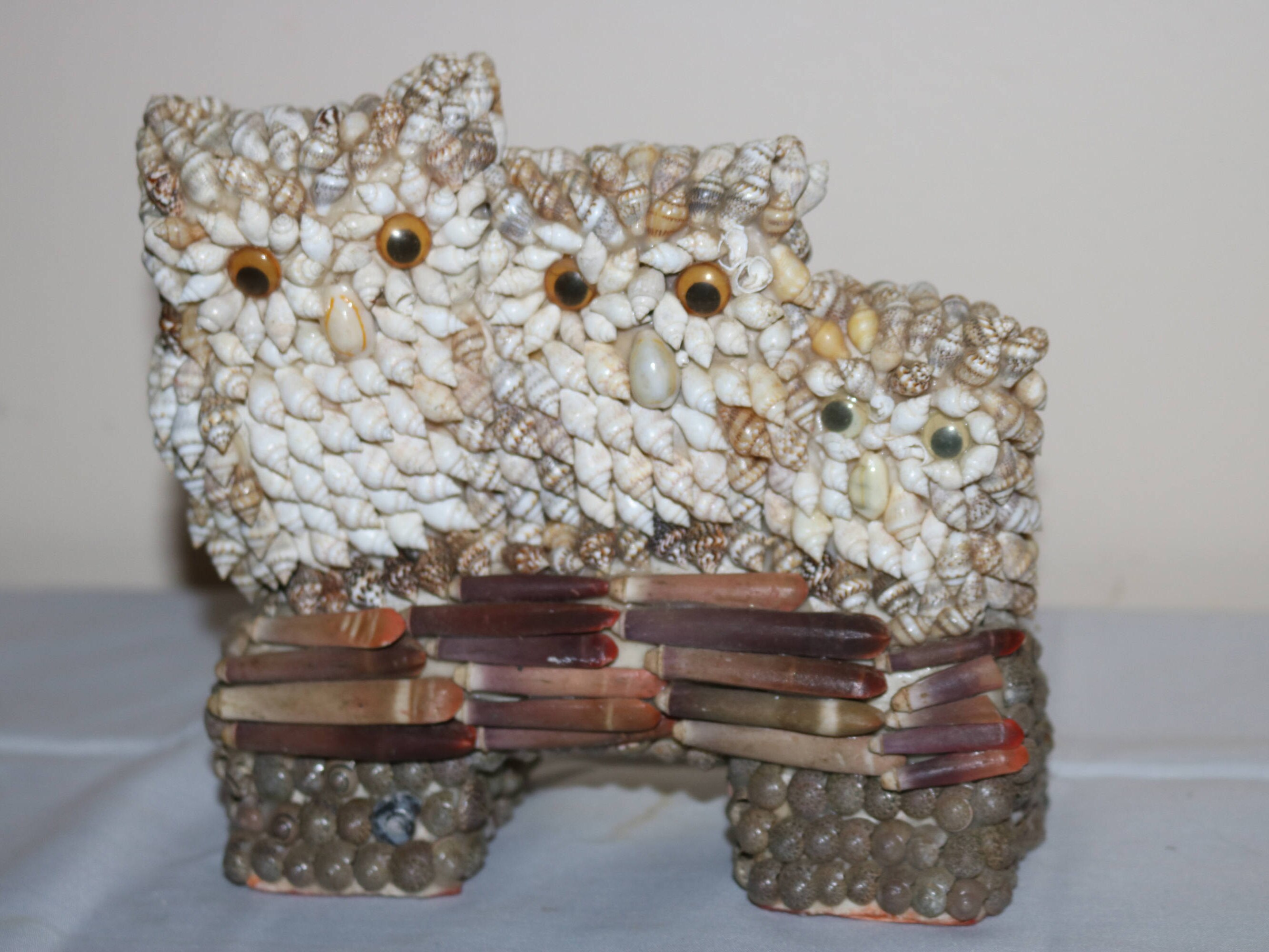 3 Hand Crafted Vintage Owls Constructed from Sea Shells