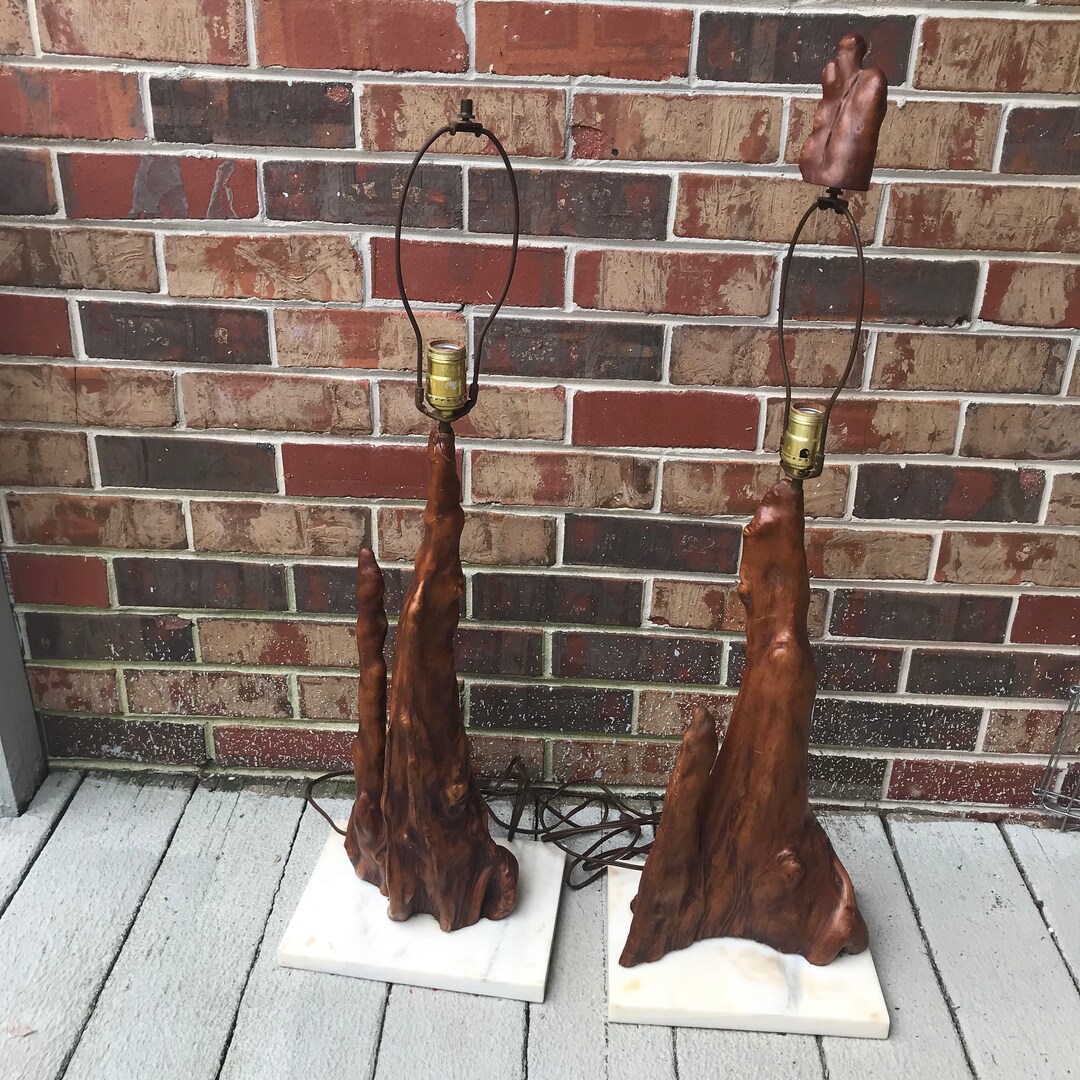 Pair Mid Century Cypress Wood Lamps Large Etsy