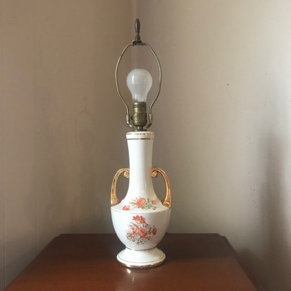 Vintage Porcelain Urn Lamp Gilded Hand Painted Flowers
