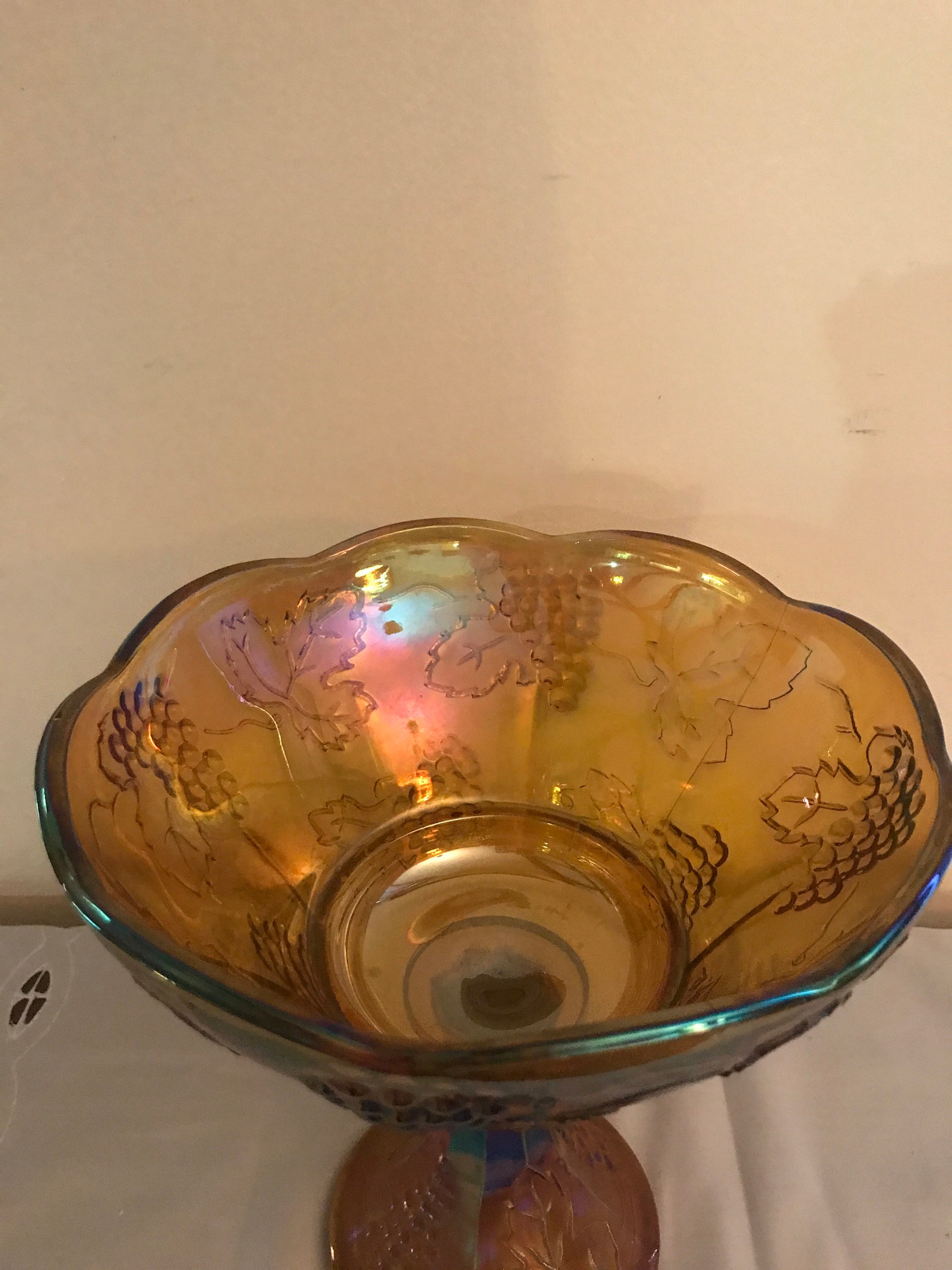 Amber Carnival Glass Pedestal Bowl with Embossed Grapes and Leaves