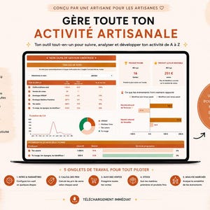 May include: A digital dashboard displayed on a laptop screen, featuring a Google Sheets interface for managing artisan business activities. The screen shows various data charts, financial metrics, and a five-tab navigation menu for tracking sales, stock, and market analysis.