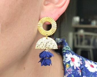 Modular "Juale" earrings, gilded with fine gold, boho, half-moon and circle, hanging with fabric floral elements