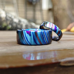 Mosaic Pattern Pure Titanium Damascus Wedding Ring Set|Viking Ring|Hypoallergenic|Flame Anodized|Custom|Timascus