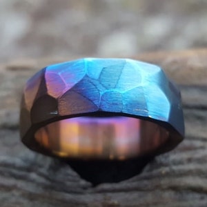 Pure Titanium Ring Faceted Finish "Obsidian" Style Titanium Flame Anodized Band Artisan Handmade