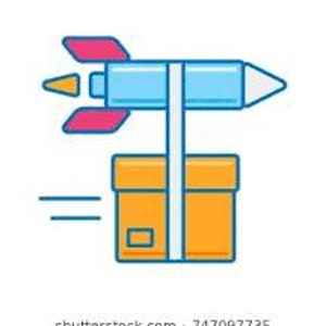 Könnte beinhalten: Eine blaue und rosafarbene Rakete mit einer gelben Flamme treibt einen braunen Karton nach vorne. Der Karton ist mit einer weißen Schnur an der Rakete befestigt.