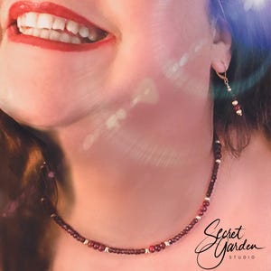 Red Ruby and Rhodolite Garnet Beaded Gemstone Necklace with Gold: January Birthstone, January Birthstone