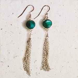 Emerald Gemstone Earrings with Long Sterling Silver Tassels