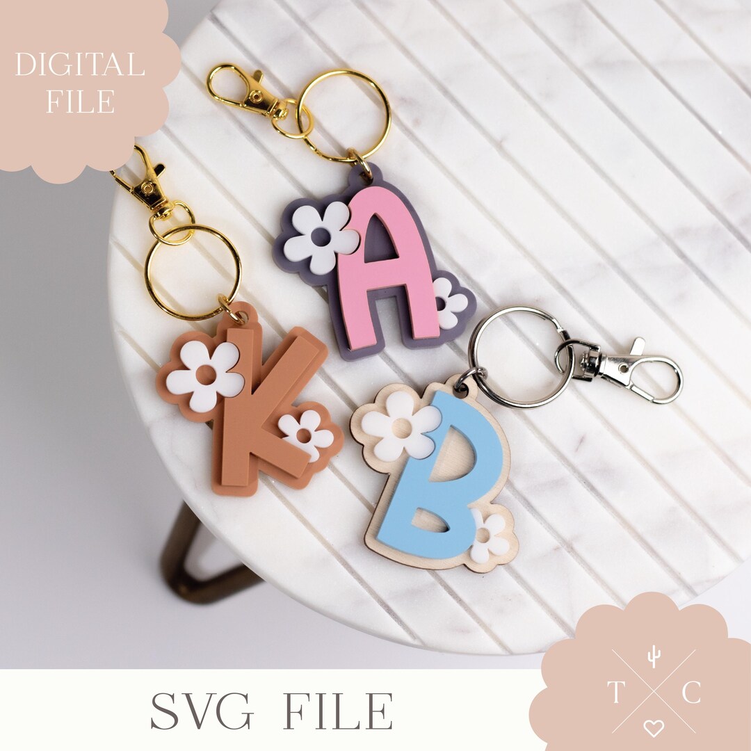 Initial Keychains Icon Digital File | Daisy Initial Keychain SVG File | Keychain for Backpacks ...
