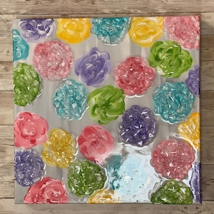Pastel Flowers on Canvas, Resin Flower Art, Glass Art, Floral Wall Hanging, Shelf Sitter with Flowers, Birthday Gift, Housewarming Gift