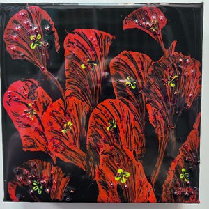Red Lilies on Black Canvas, Floral Resin Art, Red Floral Wall Hanging, Shelf Sitter with Red Flowers, Birthday or Housewarming Gift