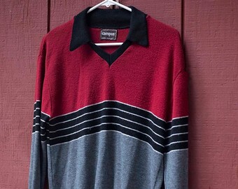 Vintage, 1960s Pullover Sweater, Campus Studio 1, V-Neck, Retro, Striped, Size Large