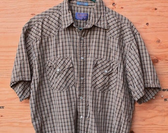 Vintage, Pendleton, Short Sleeved, Cotton, Plaid, Western, Pearl Snaps, Mens Shirt, Size Large,