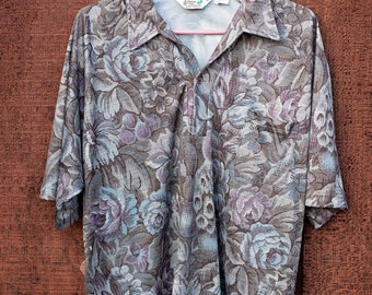 Sexy, Short Sleeved, Vintage 60s, 70s, Placket Front Shirt, Mens Resort Ware Leisure Shirt, Silky Polyester Blend, Butterfly Collar, XL