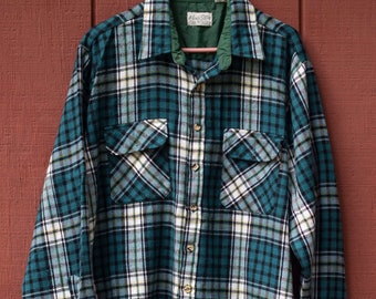 1970s, Vintage, Sears Mens Store, Acrylic, Button Down, Plaid Shirt, Size XL Tall