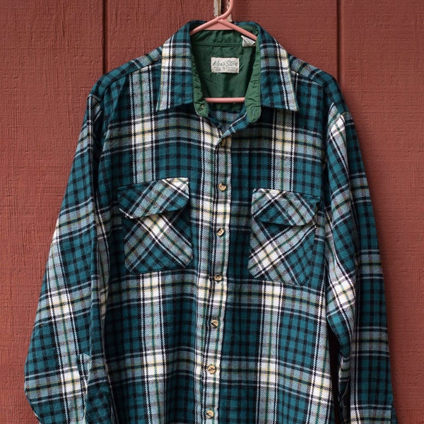 1970s, Vintage, Sears Mens Store, Acrylic, Button Down, Plaid Shirt, Size XL Tall