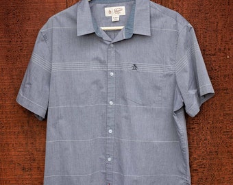 Vintage 1980's Style, Penguin, Plaid Short Sleeve Button Up Shirt, Slim Fit X-Large