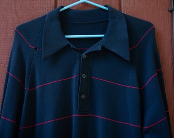 Vintage, Sexy 60s, 1970s, Butterfly Collar, Pullover, Men's Long Sleeved Sweater, Retro Knit Polo, Size Large