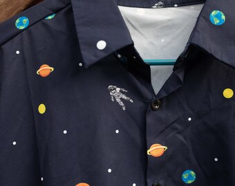 Retro Style, Short Sleeve, Polyester Shirt With Planets And Astronauts, Shirt. XL