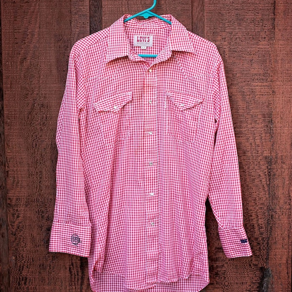 Mens Vintage Western, Levi's, White Tab, Button Down, Pearl Snaps, Red & White Gingham, Rodeo, Cowboy, Shirt, Size 16-33