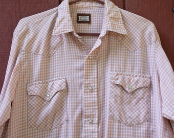 1960s, 70s Vintage, Pink Gingham, Rodeo Shirt, by Fenton, Western Shirt, Pearl Snap, Premium Western Wear, Size Medium
