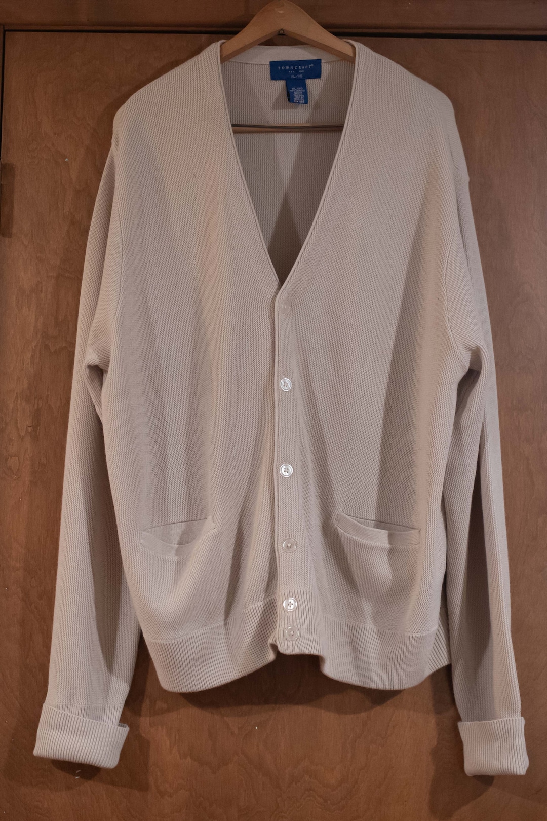 TOWN CRAFT JCPenney Rib-Knit Acrylic Cardigan, Men's Size M (approx.) Oron Acrylic Beige type Vintage Second Hand