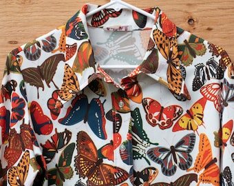 Sexy, Long Sleeved, Vintage 70s, "Carol Henry" Buttondown Disco Shirt, Polyester Butterfly Print Shirt, Butterfly Collar, 42 Large