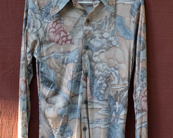 Vintage 70s, 1970s Sexy, Long Sleeved, Kennington, Button Down Shirt, Disco Print Shirt, With Horses, Polyester, Butterfly Collar, Medium