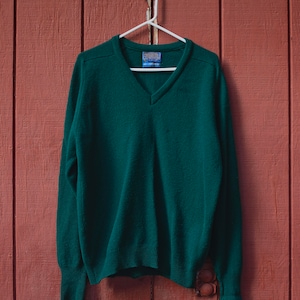 Authentic, Vintage, Pendleton, Emerald Green, V-Neck Sweater, Pendleton Sweater, 100% Lambswool, Size Large