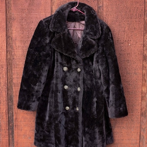 Vintage 60s, Faux Fur Coat, Vintage Womans Faux Fur PeaCoat, Brass Buttons, Size Large image 1