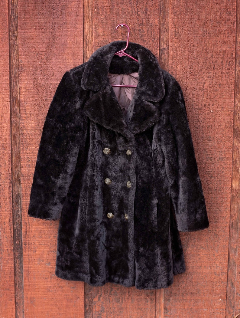 Vintage 60s, Faux Fur Coat, Vintage Womans Faux Fur PeaCoat, Brass Buttons, Size Large image 1