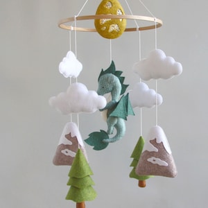 Dragon baby mobile Woodland crib mobile Baby shower gift Dragon nursery mobile Gift for newborn Baby mobile with cloud mountain tree image 1