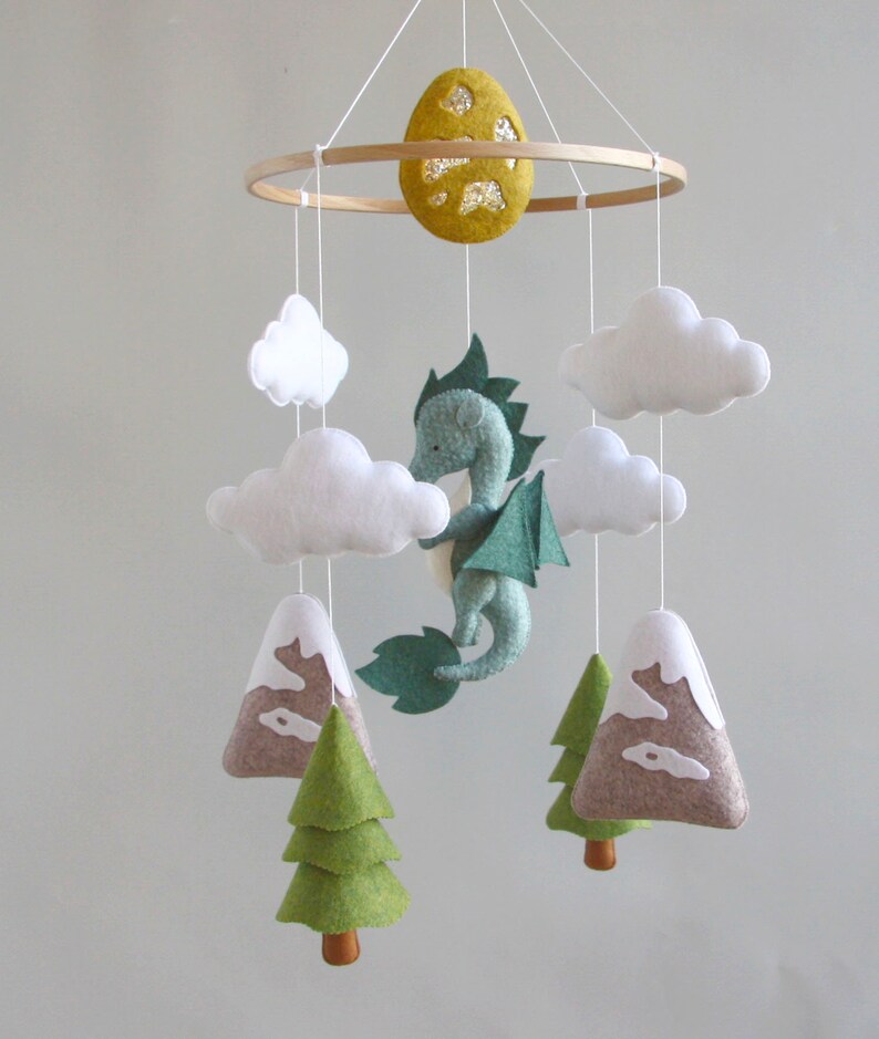 Dragon baby mobile Woodland crib mobile Baby shower gift Dragon nursery mobile Gift for newborn Baby mobile with cloud mountain tree image 1