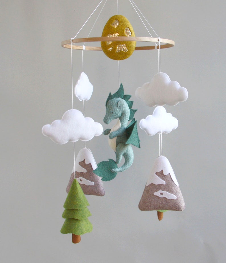 Dragon baby mobile Woodland crib mobile Baby shower gift Dragon nursery mobile Gift for newborn Baby mobile with cloud mountain tree image 10