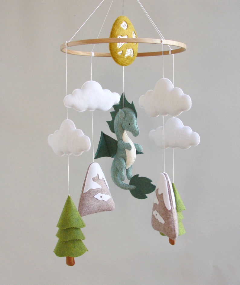 Dragon baby mobile Woodland crib mobile Baby shower gift Dragon nursery mobile Gift for newborn Baby mobile with cloud mountain tree image 9