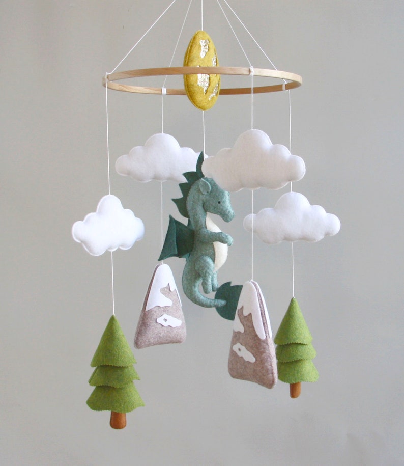 Dragon baby mobile Woodland crib mobile Baby shower gift Dragon nursery mobile Gift for newborn Baby mobile with cloud mountain tree image 8