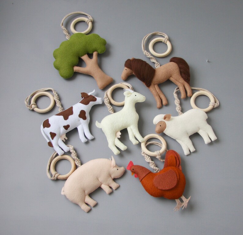 Farm animal baby play gym toys set Baby shower gift Play gym hanging toys New mom gift Activity center toys Farmhouse baby play gym toys image 8