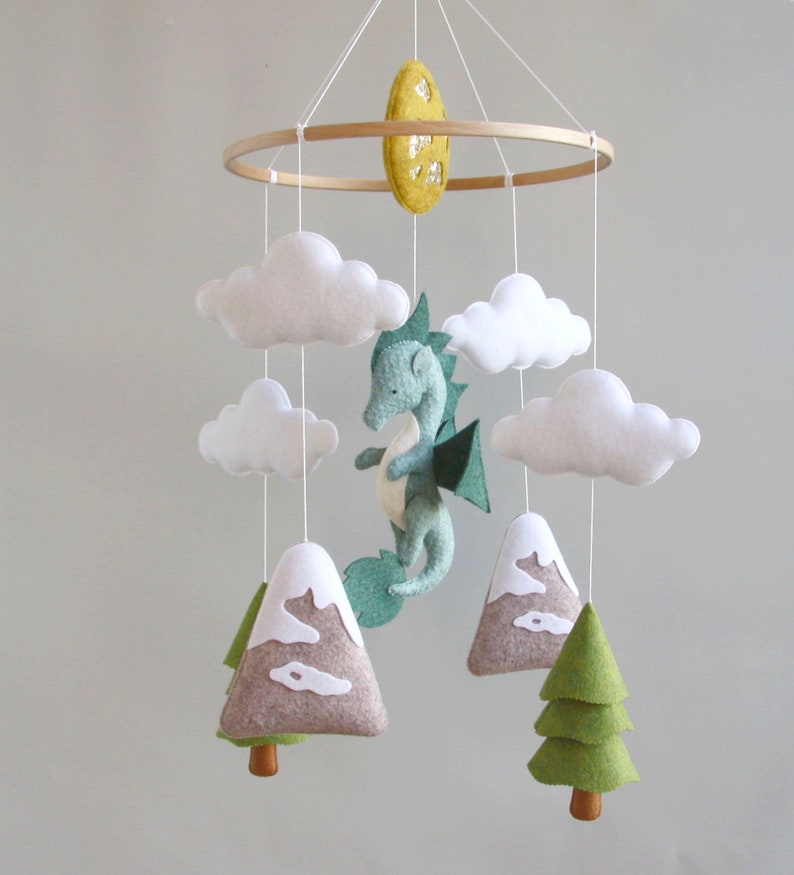 Dragon baby mobile Woodland crib mobile Baby shower gift Dragon nursery mobile Gift for newborn Baby mobile with cloud mountain tree image 4