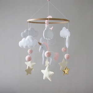 Unicorn Baby Girl Mobile with Clouds and Stars – Felt Moon Nursery Crib Hanging Decor