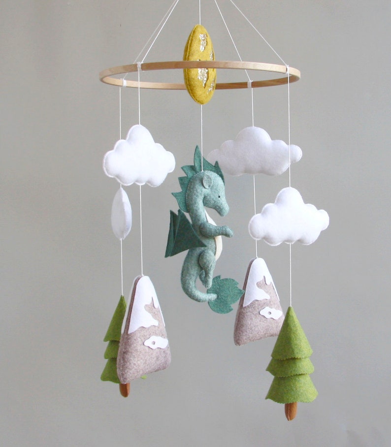 Dragon baby mobile Woodland crib mobile Baby shower gift Dragon nursery mobile Gift for newborn Baby mobile with cloud mountain tree image 6