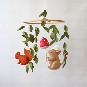 Mushroom Baby Mobile with Squirrel Bunny Mouse Felt Forest Nursery Decor Woodland Animals Mobile