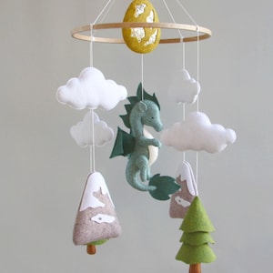 Dragon baby mobile Woodland crib mobile Baby shower gift Dragon nursery mobile Gift for newborn Baby mobile with cloud mountain tree image 2