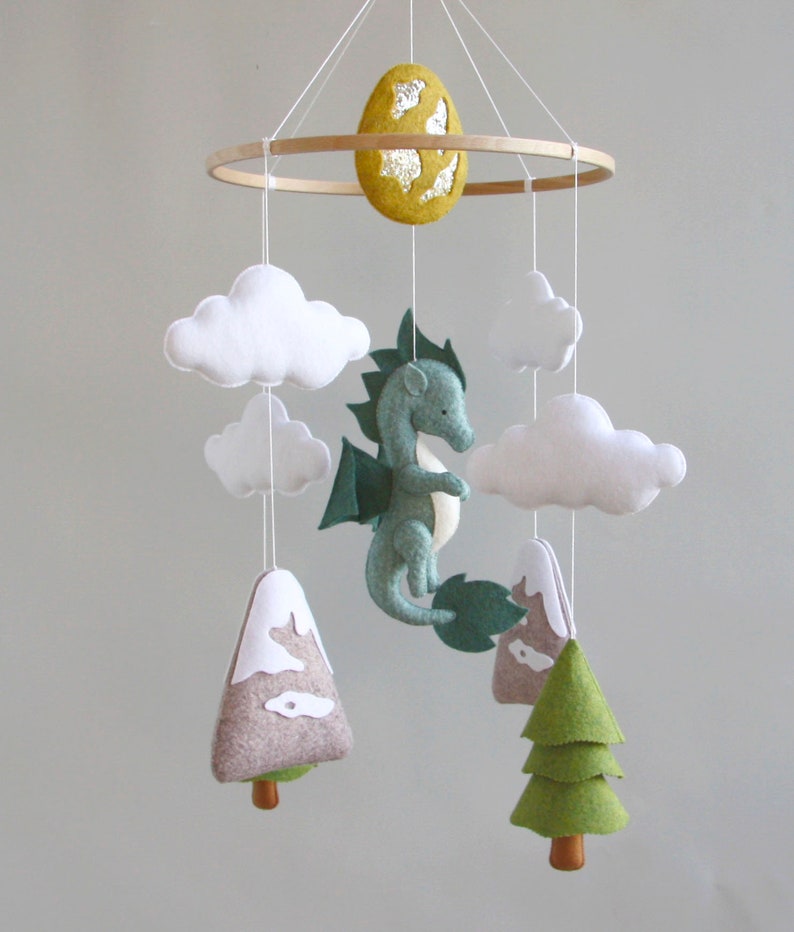 Dragon baby mobile Woodland crib mobile Baby shower gift Dragon nursery mobile Gift for newborn Baby mobile with cloud mountain tree image 2